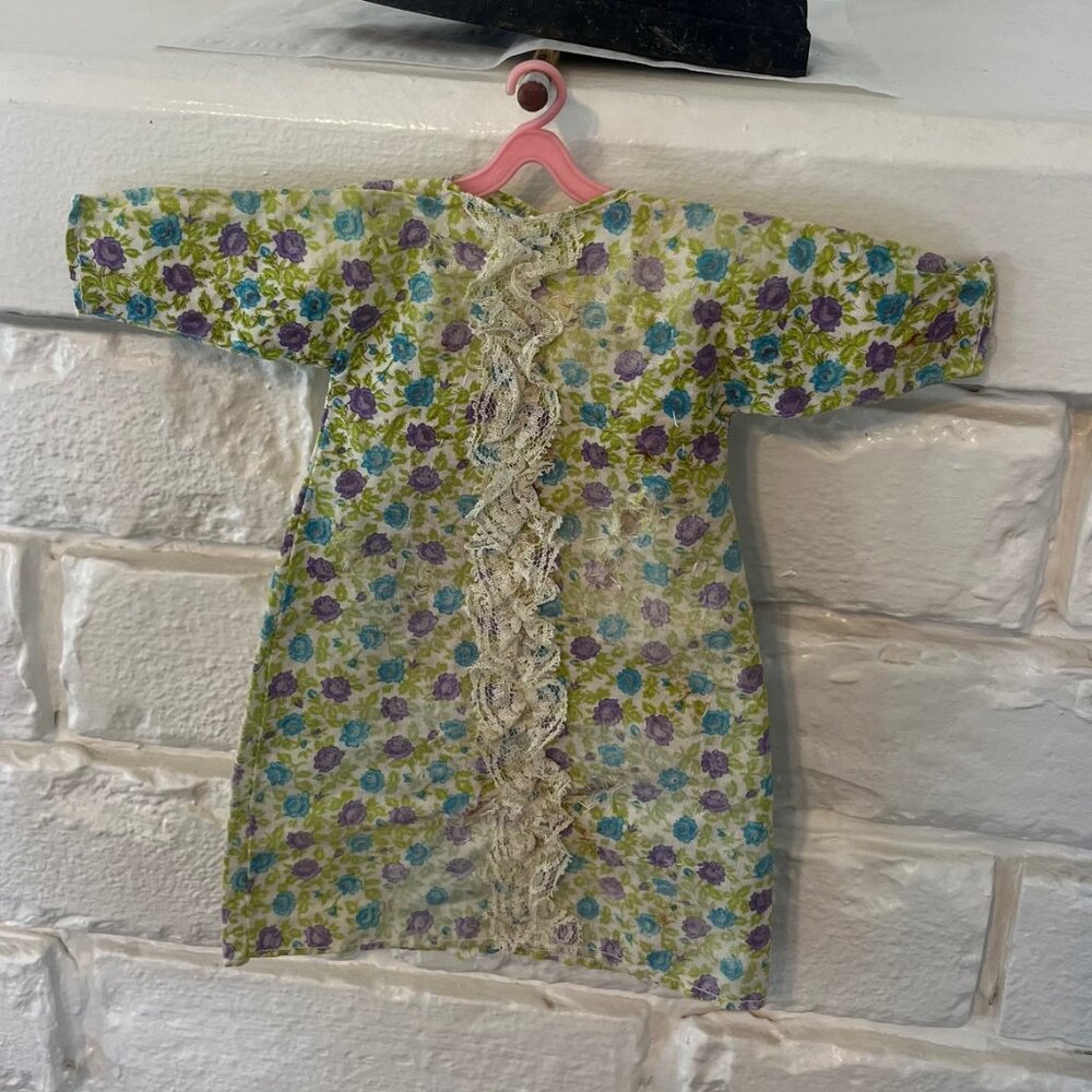 Vintage Print Cotton Doll Dress w/ Blue & Purple Roses, Green Leaves & Lace
